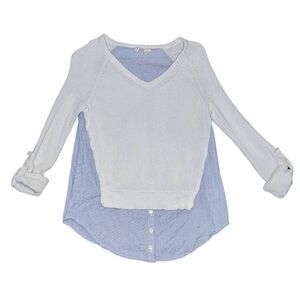 Moth Blouse Soft Knit Pinstriped Long Sleeve V-Neck Blue White Size XS